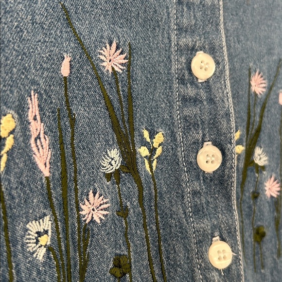 Vintage Sears Chambray Denim Prairie Short Sleeve Floral Embroidered Midi Dress - Picture 4 of 11